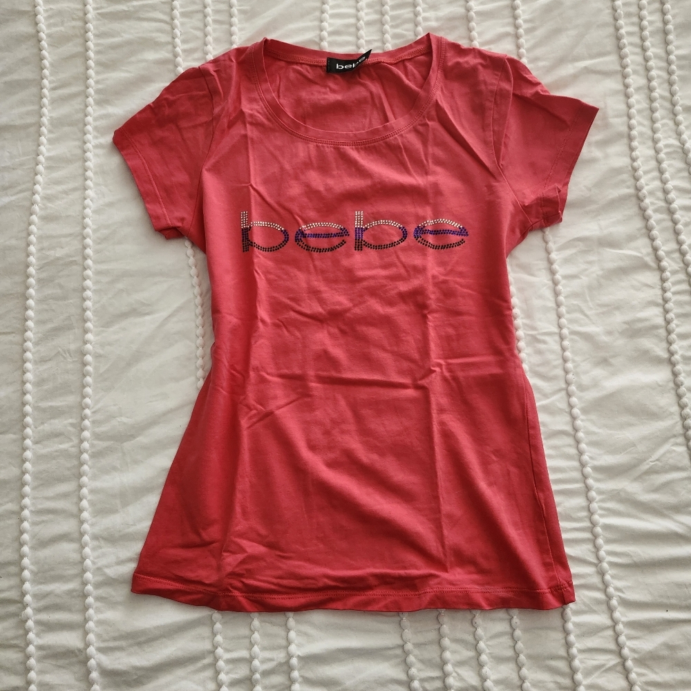 Y2K Bebe Rhinestone T Shirt Hot Pink
